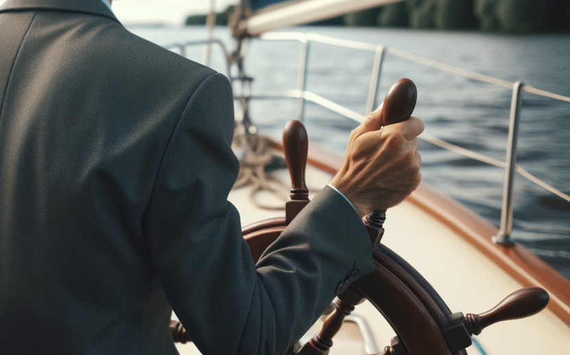 psychotherapeut im mittleren alter beim segeln, steuer in der hand. gesicht kann man nicht erknnen- er ist mit rücken zugeandt. auf einem schiff und auf einem see