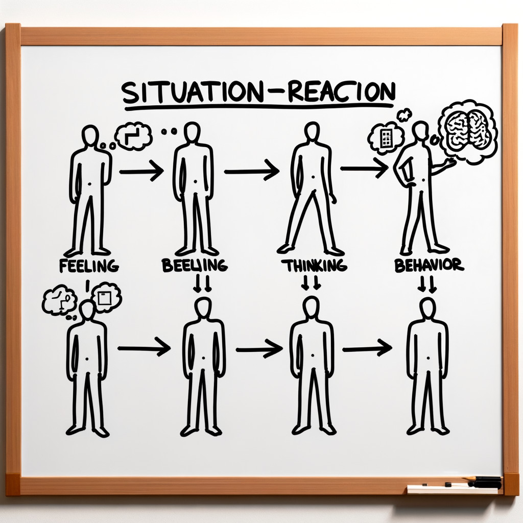 schema: situation - reaktion (fühlen, Denken, Verhalten) - wie auf einem flipboard gemalt. ganz einfach, keine menschen, nur grobes schema, keine details